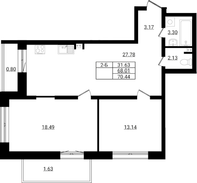 2-комнатная квартира 70.44 м², 1/9 эт., ЖК «Эко Гармония»